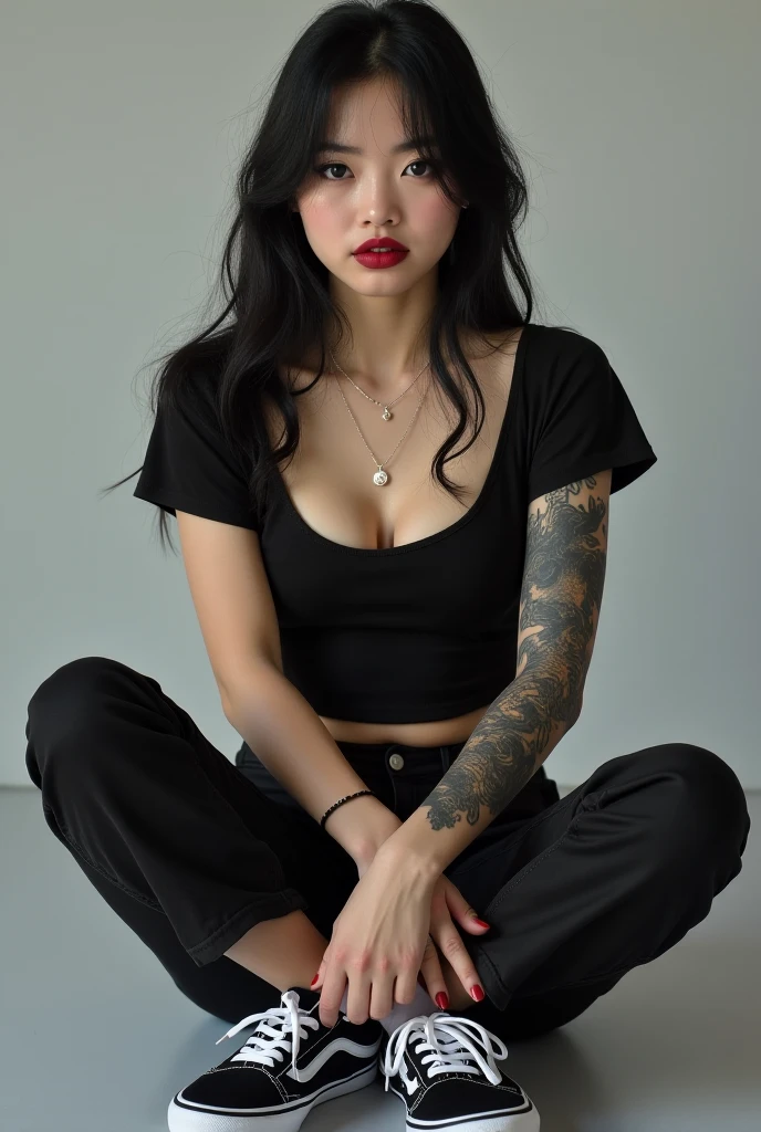 ((Best quality, 8K, Masterpiece :1.3)), Sharp focus :1.2, ((35 years old. Tattoos woman)) (Tattoo model. Sweet black skin. Tattooed).(Sexy Korean model). (Sexy Barbie) Body. Slim. Skinny. Slender. Charming. make up face. Red lipstick. ((Long straight hair. necklace. Glasses)) vests. Tearing shorts_Sitting. Sweet. on a chair. ° Mix 4, 20 days,hyper realisitc:1.37),16K HD