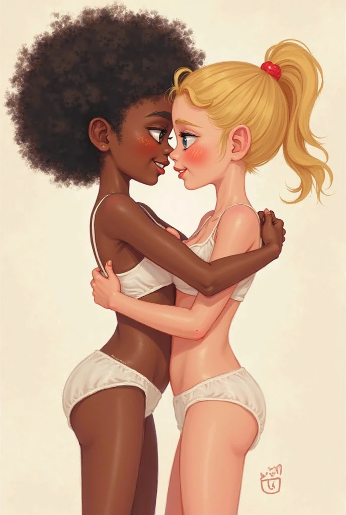 masterpiece, best quality, 2girls, (closeup), 18yo teen, slim, small breast, naked breast, nipple, locker room, desolate, watercolor, ebony