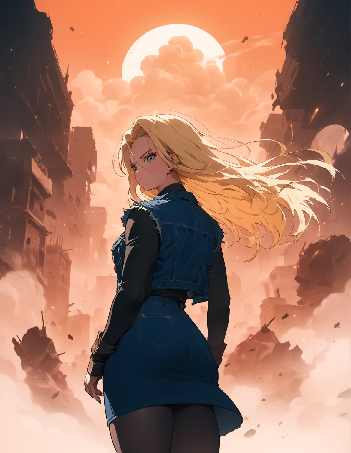 Masterpiece, best quality, ultra-detailed, very aesthetic, absurdres, safe. A stunning depiction of Android 18 from Dragon Ball, standing with her back facing the viewer, gazing at a city in ruins. The wind blows through her blonde hair, adding a sense of motion and drama. She wears her classic blue denim vest and skirt, slightly tattered due to the destruction around her. The scene is filled with a melancholic yet powerful atmosphere, as the sky is covered in dark clouds and a faint orange glow from fires in the distance. Her thick thighs and curvy figure are accentuated by the perspective, highlighting her strong yet feminine physique. Dust and debris float in the air, emphasizing the post-apocalyptic setting. 