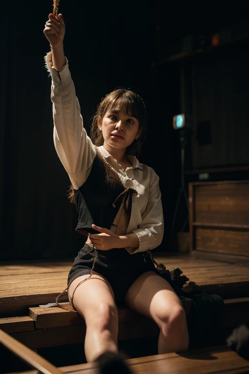 Beautiful naked girl sitting upright Crying face There is a rope around his neck Small breasts stage Spotlight camera Don't write Mike Do not allow the rope to touch anything other than your neck.