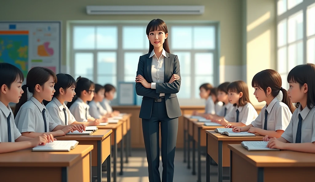 একটি ক্লাসরুমে একজন শিক্ষক পড়াচ্ছেন। ছাত্র-ছাত্রীরা সাদা স্কুল ড্রেস পড়ে বই পড়ছে।