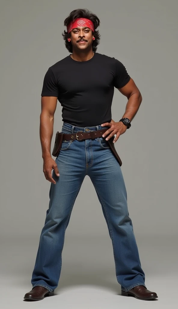 A 4 man, tall brown wavy hair , big honey-colored eyes, handsome, with beige pants, brown boots, Navy blue long sleeve t-shirt, belt with large buckle