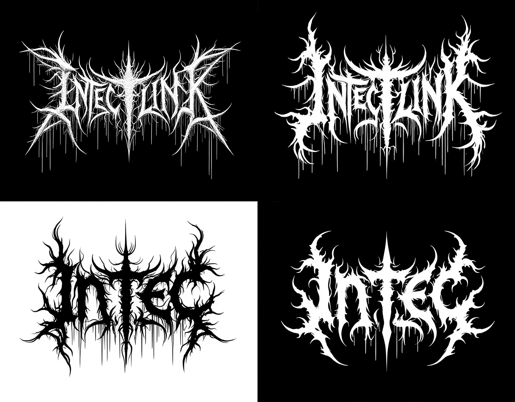 「intec .link」A logo design that says、With a death metal band-style logo design「intec .link」 is written on the blindfold 、  image、High contrast in black and white、Calligraphy、4 different design images
