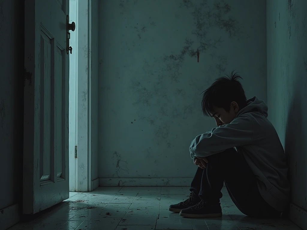 (photorealism:1.2) A sad boy sits quietly in the corner of a room, his knees drawn up to his chest. His eyes are filled with sorrow, staring blankly ahead, lost in thought. His hair is messy, and his face is slightly pale, as if he's been crying. The room is dark, with only a faint light coming from a small window, casting soft shadows around him. The atmosphere is heavy, with a sense of deep loneliness and sadness hanging in the air.