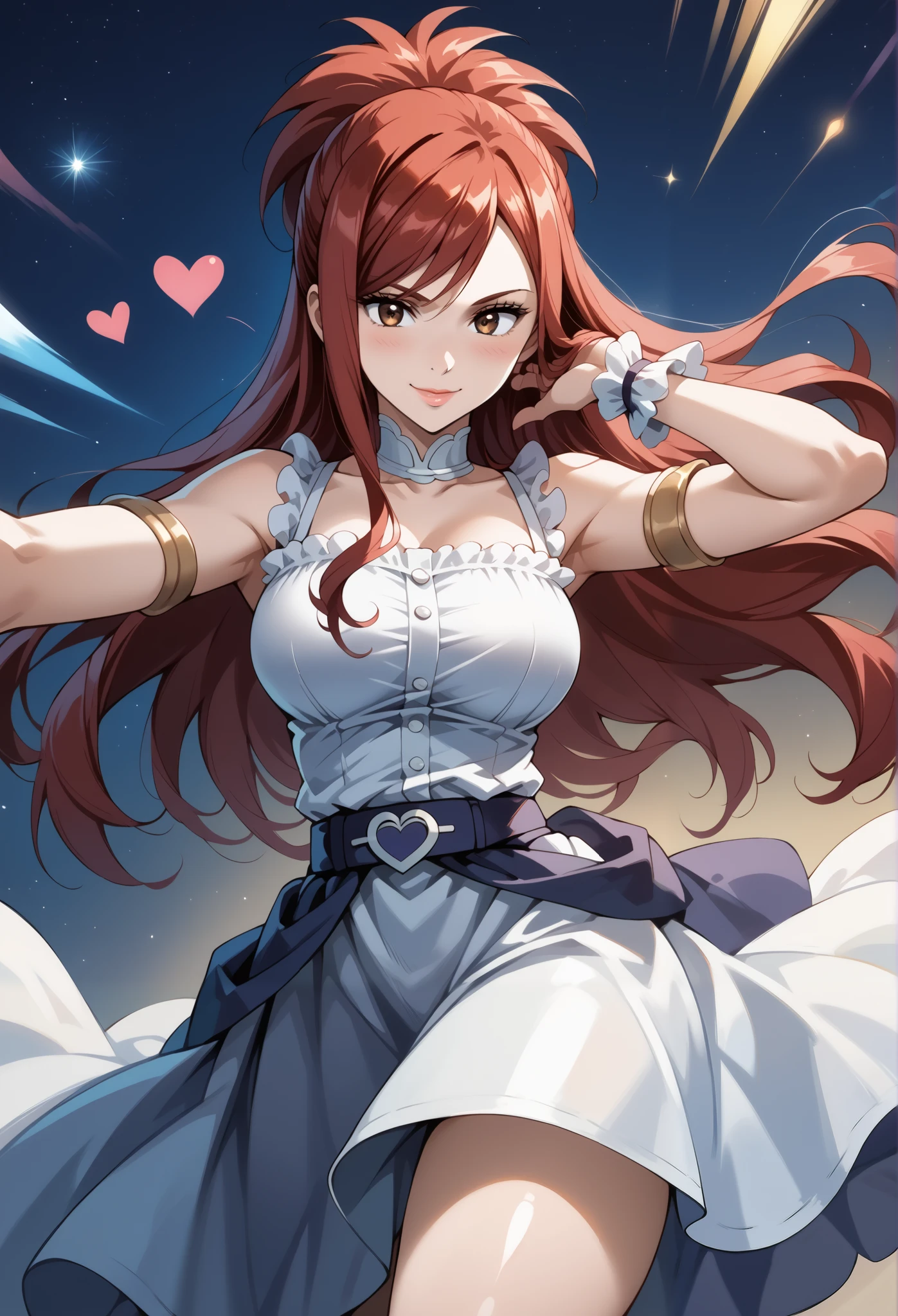 score_9, score_8_up, score_7_up, source_anime, 4K,perfect fingers,(perfect hands, perfect anatomy),prefect lighting, very aesthetic, intricate details,highly detailed background, masterpiece, high quality, best quality, high resolution,
1 girl,solo,erza knightwalker, red hair, brown eyes, long hair, straight hair,mature female,large breast,,
wearing ((casual dress, frills,ornate clothing, )),,
action pose,playful smile,seanic view, hearts, blowing kiss,