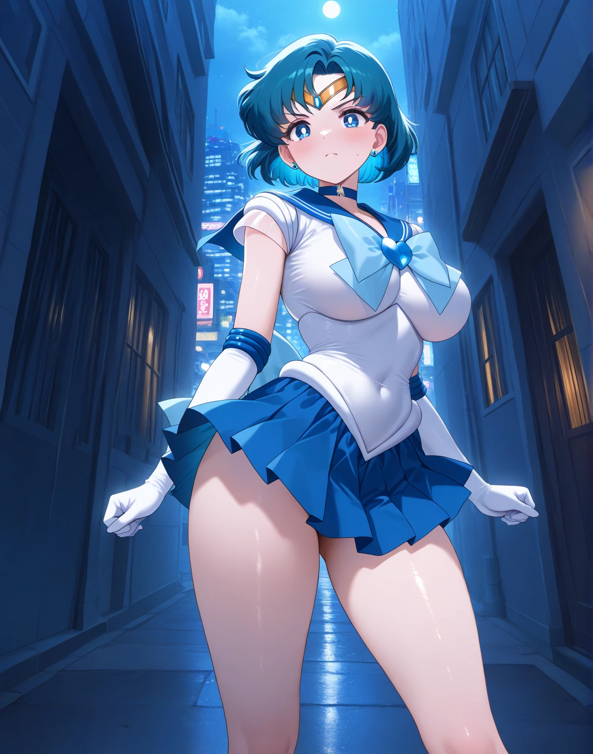 A detailed portrait of Sailor Mercury, beautiful detailed blue eyes, long eyelashes, beautiful detailed lips, extremely detailed face and features, short blue hair, sailor uniform, (white panties tucked in from the crotch, shaved) in a futuristic cityscape, lights neon, glowing energy effects, cinematic lighting, hyperdetailed, digital art, from below, from below, 8k, high resolution, masterpiece, accurate, anatomically correct, textured skin, high details, best quality, high resolution