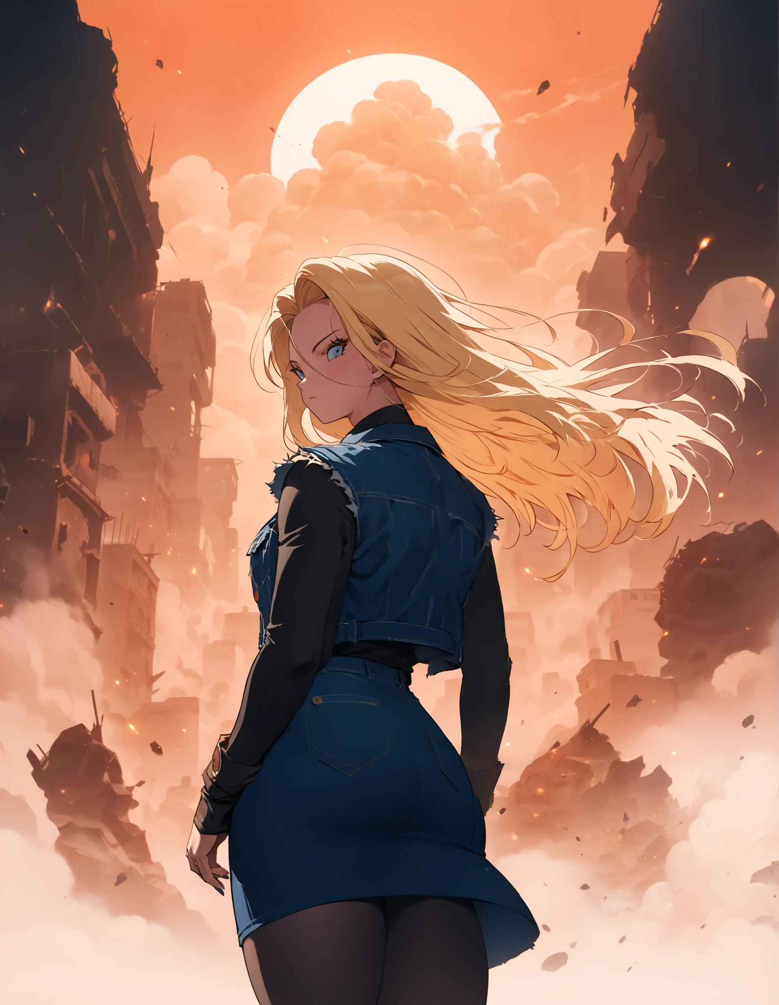 Masterpiece, best quality, ultra-detailed, very aesthetic, absurdres, safe. A stunning depiction of Android 18 from Dragon Ball, standing with her back facing the viewer, gazing at a city in ruins. The wind blows through her blonde hair, adding a sense of motion and drama. She wears her classic blue denim vest and skirt, slightly tattered due to the destruction around her. The scene is filled with a melancholic yet powerful atmosphere, as the sky is covered in dark clouds and a faint orange glow from fires in the distance. Her thick thighs and curvy figure are accentuated by the perspective, highlighting her strong yet feminine physique. Dust and debris float in the air, emphasizing the post-apocalyptic setting. 