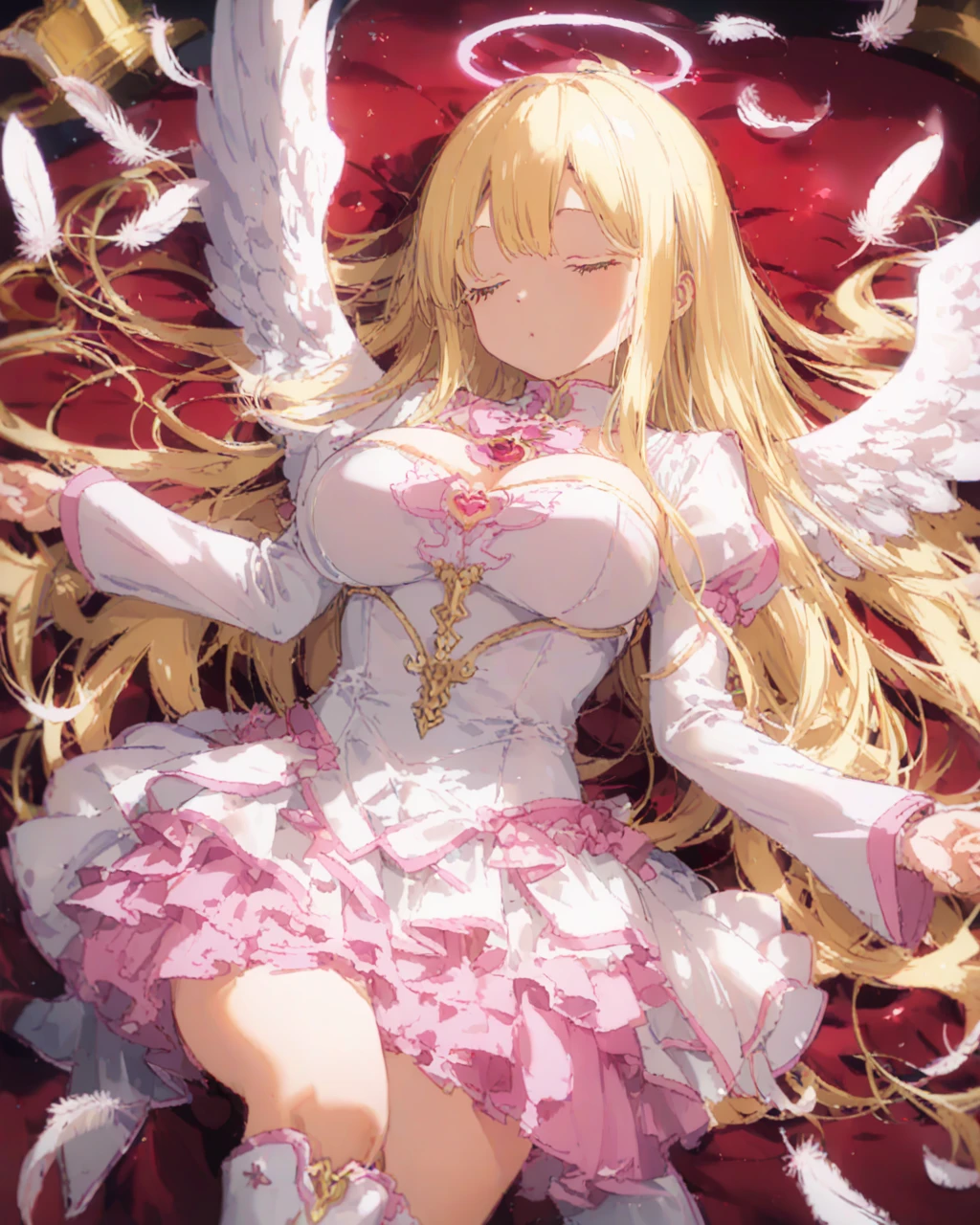 (Masterpiece: 1.4), (Best quality: 1.4), 8K, HD, ultra clear,1girl,(big breasts:1.4),blond hair,(Heart-shaped pupil:1.3),(Tongue out:1.2),scared:1.3,(cry:1.3),princess,Bare abdomen,White lace underwear,Skirt,(Looking up),night,bedroom,necklace,Messy clothes,long hair, angel wings