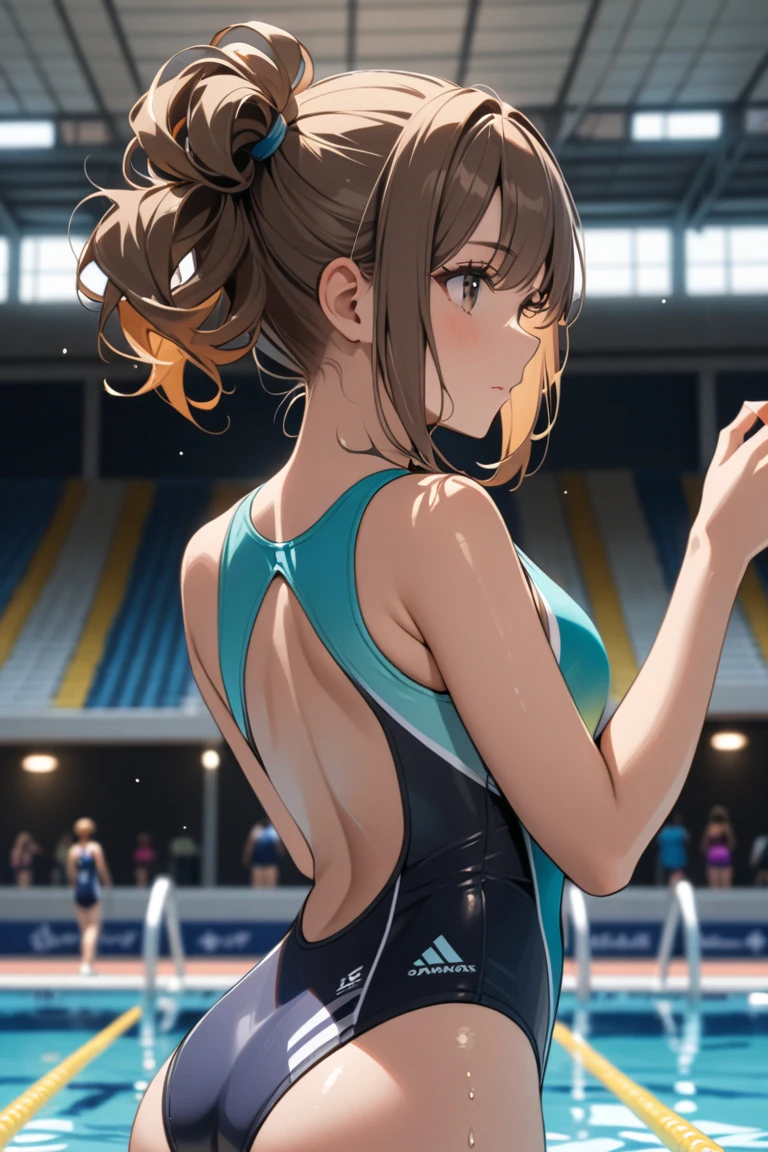 (nsfw:1.2), perfectly balanced anatomy, A girl in a competitive swimsuit whose armpits smell bad。looking at armpit。An angle that looks like you're looking up from below.。very cute round face。Bangs that sit above brows, nina ichihara