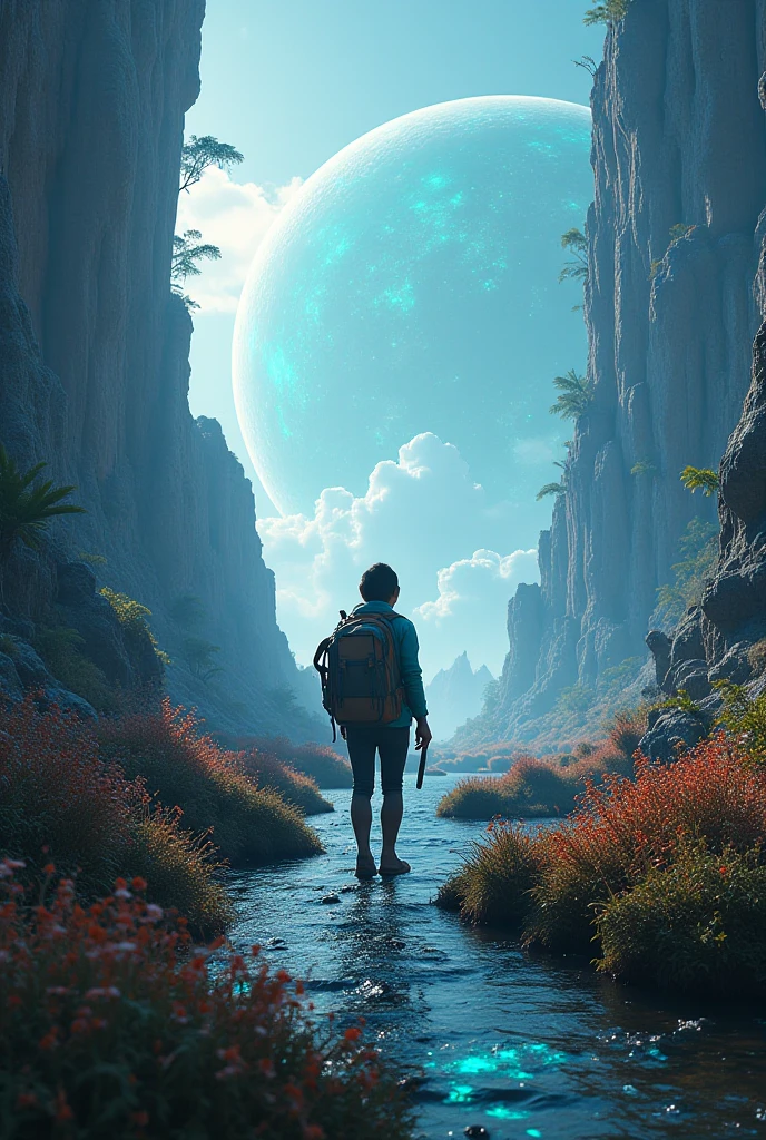 On a distant planet with bioluminescent vegetation, a human explorer digs for rare ores, highly defined detail, 16K, highly defined details, 16K, inspired by Youssef Howayek highly detailed, hyper realistic, perfect artwork, masterpiece, best quality, highres, layered lighting,