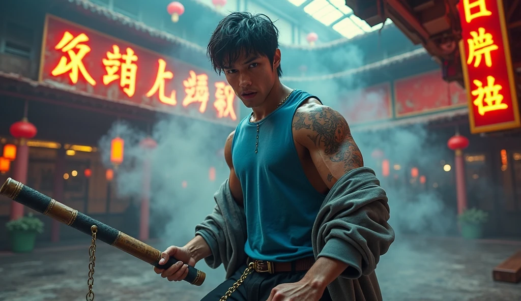 Close-up of a group of extremely handsome, 15-year-old, muscular, tattooed, necklace-wearing, high-tailed young men, street scene, gangster style, romance, Hong Kong cinema, knives, guns, spears, clubs. Their eyes are filled with sadness and longing. The background is a trail of blood and violence. Cinematic lighting, high detail, 8k, artstation, conceptual art, dark fantasy. Photo taken with a Canon EOS R5 85mm f/11 camera, ((sharp)) mode of people and surroundings. Image quality ((8K)), ((realistic)), ((masterpiece)), ((sharpest and highest contrast)), ((excellent depth of field)), ((stereoscopic lighting)). ((angry, ferocious)), detailed pores, ((Direct facial lighting)), bright sunlight.