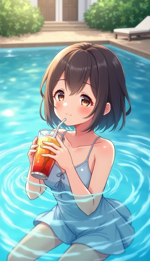 Girl eating shaved ice while soaking in a hot spring、
