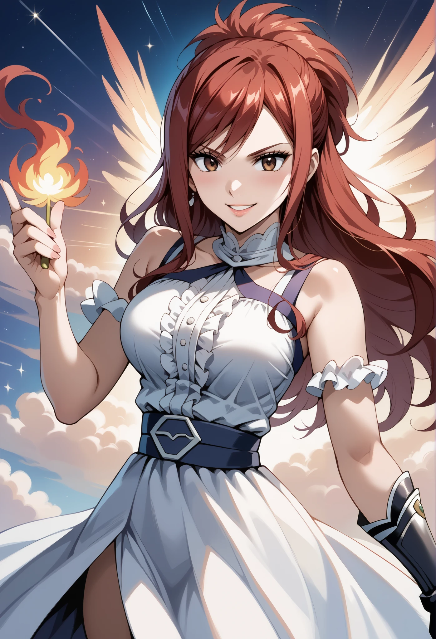 score_9, score_8_up, score_7_up, source_anime, 4K,perfect fingers,(perfect hands, perfect anatomy),prefect lighting, very aesthetic, intricate details,highly detailed background, masterpiece, high quality, best quality, high resolution,
1 girl,solo,erza knightwalker, red hair, brown eyes, long hair, straight hair,mature female,large breast,,
wearing ((casual dress, frills,ornate clothing, )),,
action pose,playful smile,seanic view, hearts, blowing kiss, solo focus, day, eye_focus,