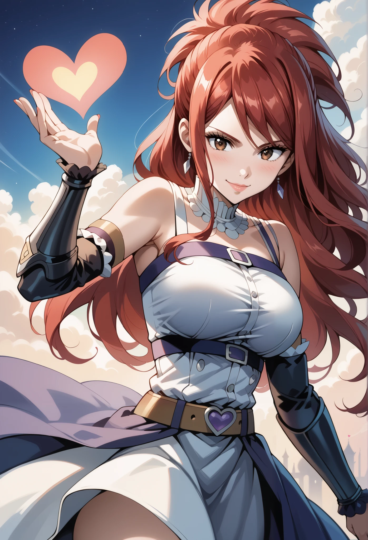 score_9, score_8_up, score_7_up, source_anime, 4K,perfect fingers,(perfect hands, perfect anatomy),prefect lighting, very aesthetic, intricate details,highly detailed background, masterpiece, high quality, best quality, high resolution,
1 girl,solo,erza knightwalker, red hair, brown eyes, long hair, straight hair,mature female,large breast,,
wearing ((casual dress, frills,ornate clothing, )),,
action pose,playful smile,seanic view, hearts, blowing kiss, solo focus, day, eye_focus,