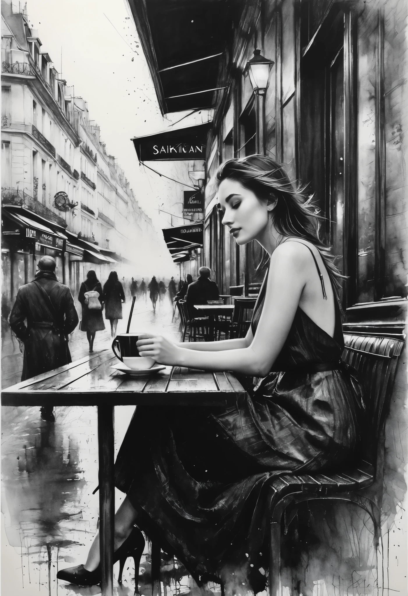 Charcoal drawing , Crayons, black Pencil drawing, Pencil drawing, Black and white drawing, graphite drawing ,
poster, Close up, full length, Stunningly beautiful young woman, sitting in a Parisian street cafe, portrait of Willem Henraets, watercolor, “wet on wet” and “splashing” techniques, center, perfect composition, abstraction, surrealism
Charcoal drawing , painting in the style of such artists, as Russ Mills, Sakimichan, Vlop,
Leusch, , Darek Zabrocki and Jean-Baptiste Monge,