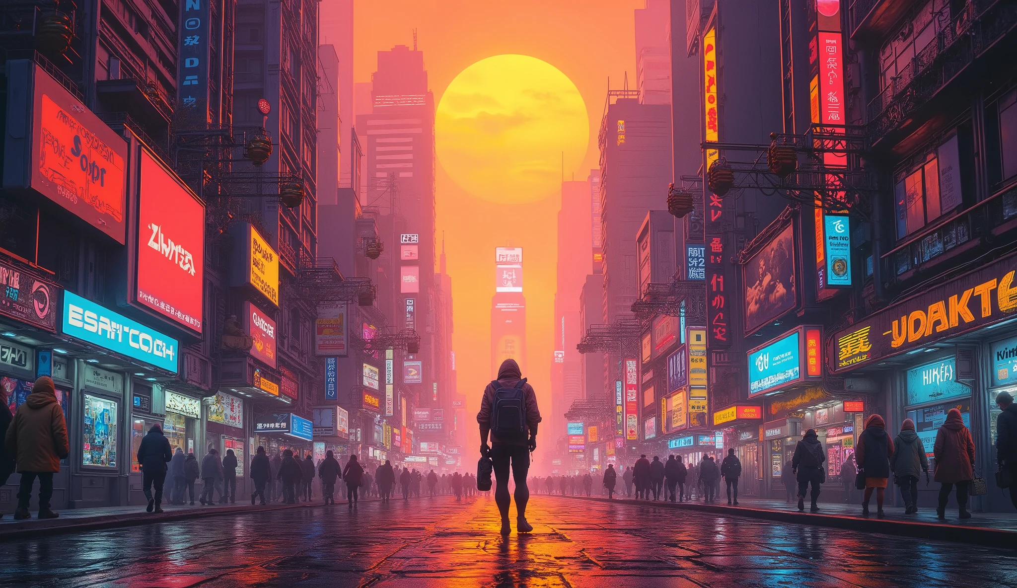8,000 , masterpiece ,Highest Quality, Close shot,symmetry,Ground view, and no figures,dusk, High Tech,Warm colors,Cyberpunk City,