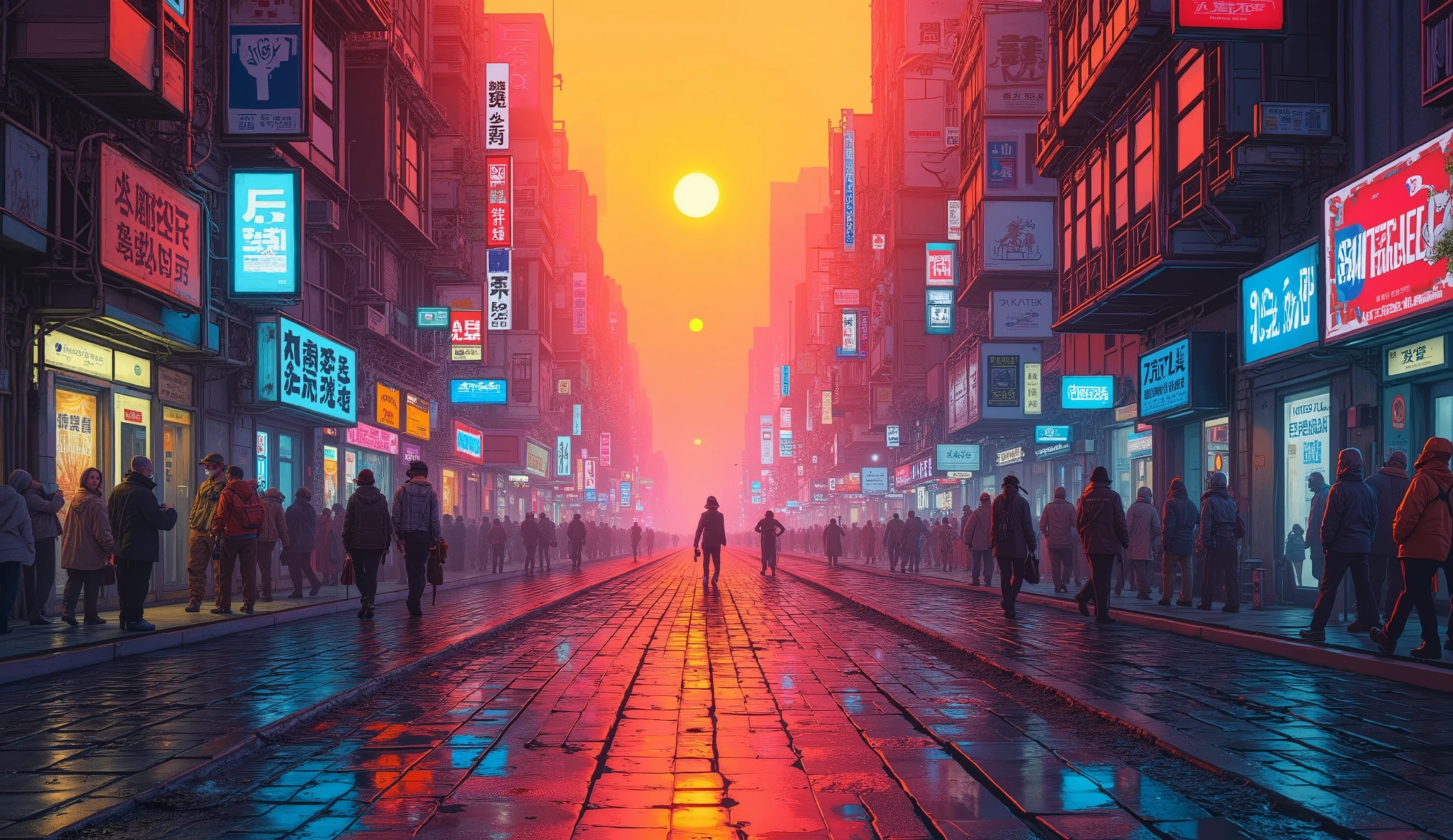 8,000 , masterpiece ,Highest Quality, Close shot,symmetry,Ground view, and no figures,dusk, High Tech,Warm colors,Cyberpunk City,