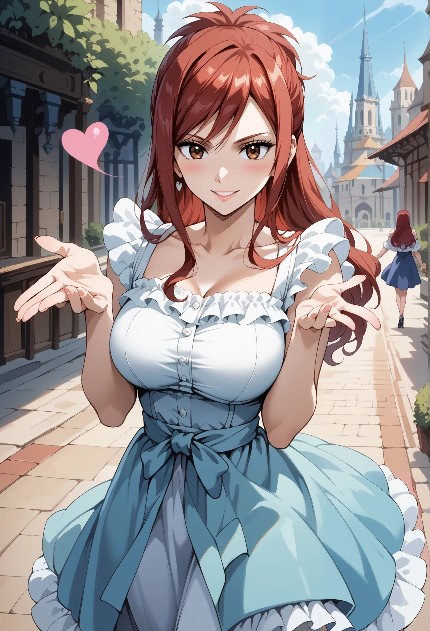 score_9, score_8_up, score_7_up, source_anime, 4K,perfect fingers,(perfect hands, perfect anatomy),prefect lighting, very aesthetic, intricate details,highly detailed background, masterpiece, high quality, best quality, high resolution,
1 girl,solo,erza knightwalker, red hair, brown eyes, long hair, straight hair,mature female,large breast,,
wearing ((casual dress, frills,ornate clothing, )),,
action pose,playful smile,seanic view, hearts, blowing kiss, solo focus, day, eye_focus,