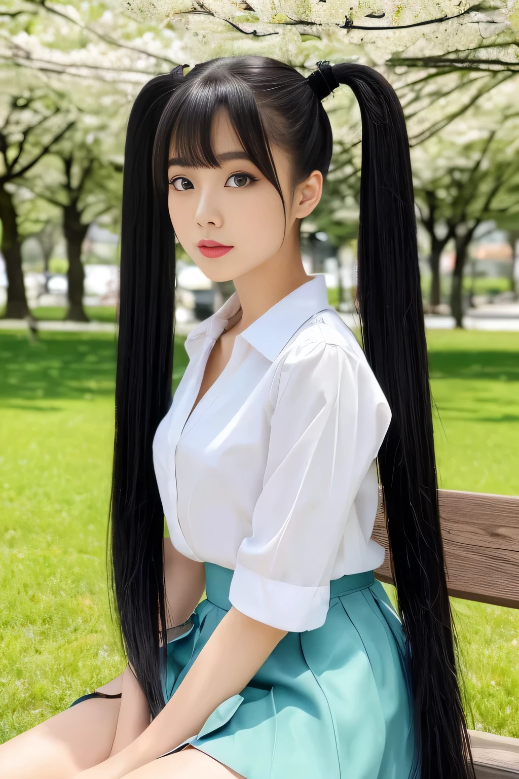 (Perfectly shot from knee to head, full body)(I took a picture of a female college student in a spring park)(She's sitting on a park bench with her bag in an elegant style)(perfect face of the most beautiful Japanese female college student)(best quality)(masterpiece)(Get used to it)(Best Details)(4K)(erotic makeup)(happy expression)(perfect sexy face)( perfect double eyelids)( she has Asian eyes )(cinematic quality)(Arched eyebrows like a makeup model)(Beautiful black mascara)(cute red lipstick)((neatly arranged、cute bangs that naturally hang down at an angle))((The straightest and most beautiful hair type in Japan))((Super long straight twin tails:1.3))(Shiny and beautiful hair!!)(thick, healthy, beautiful hair)(Beautiful swaying hair )(Japan's most beautiful hair)((I feel the arrival of spring、fluffy shirt))(white skirt)(shot in a beautiful grassy park)