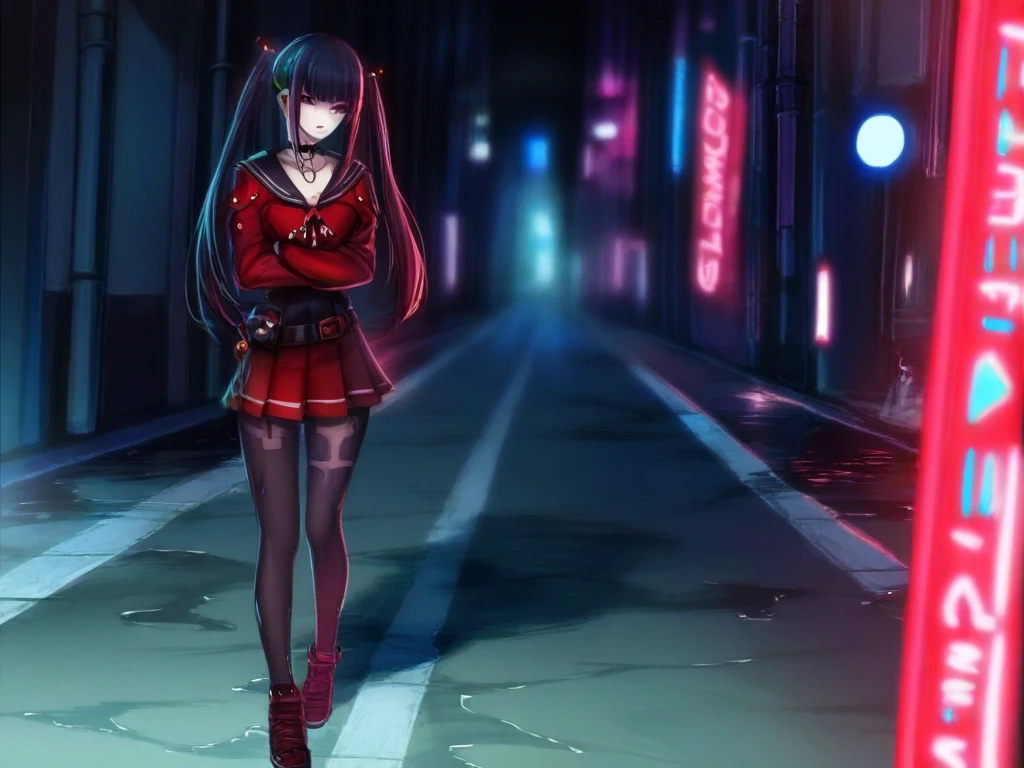 (masterpiece, best quality), 1girl, 16yo, realistic, black dress, red tie, goth, (red panties), upskirt, sprad legs, vibrant colors, abstract background, lines geometric, night, dark theme, high contrast, deep shadows