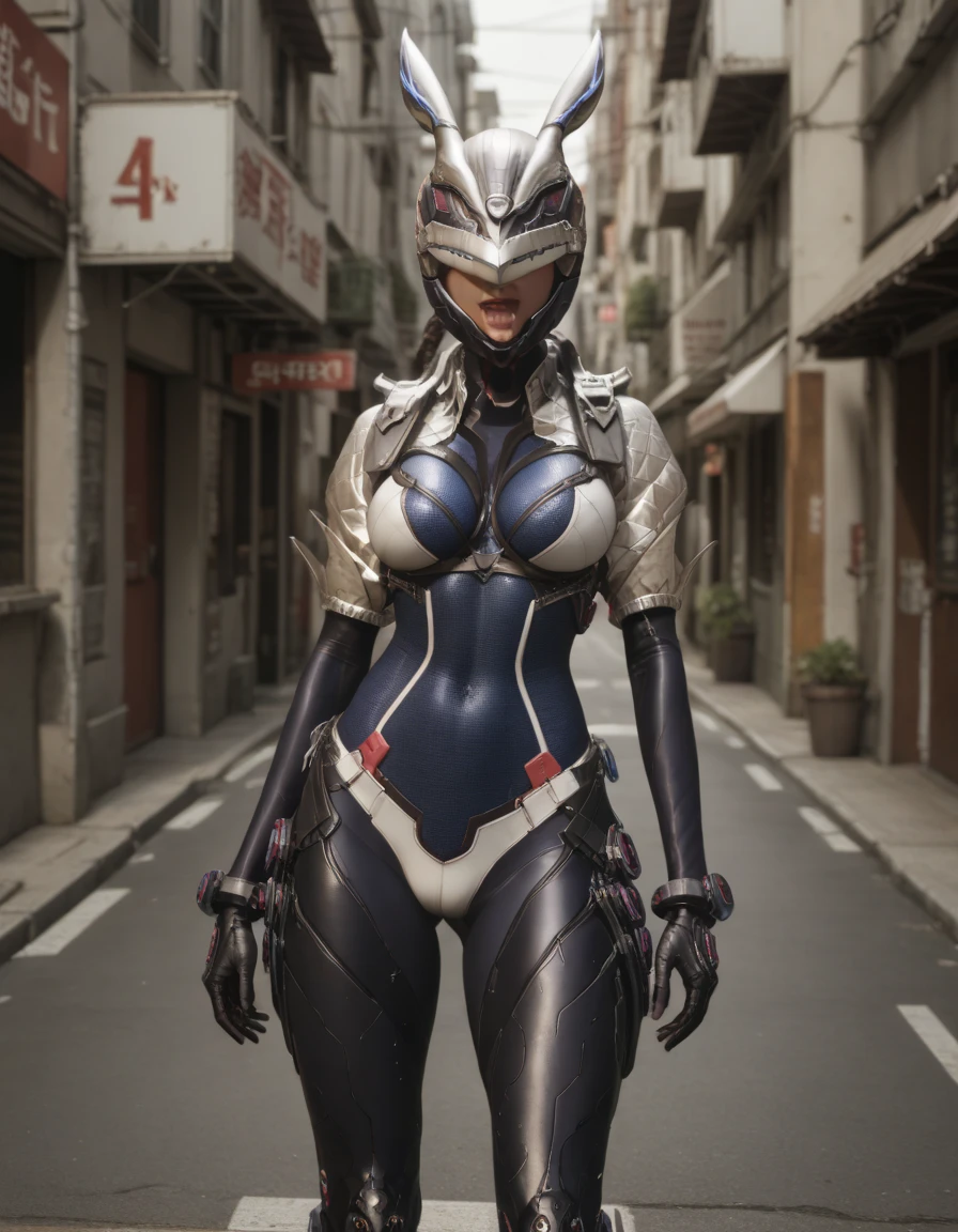 (Masterpiece, Superb Quality, Super Delicate, High Resolution), Male Focus, (((Kamen Rider Empty Me))), (Mechanized))), (She Has Long Blue Hair, Big Breasts, Slim), (Standing Pose), Pose for Photo, Top-Down View, City Ruins, Background Details, (((Full Body))), From Above, Solo