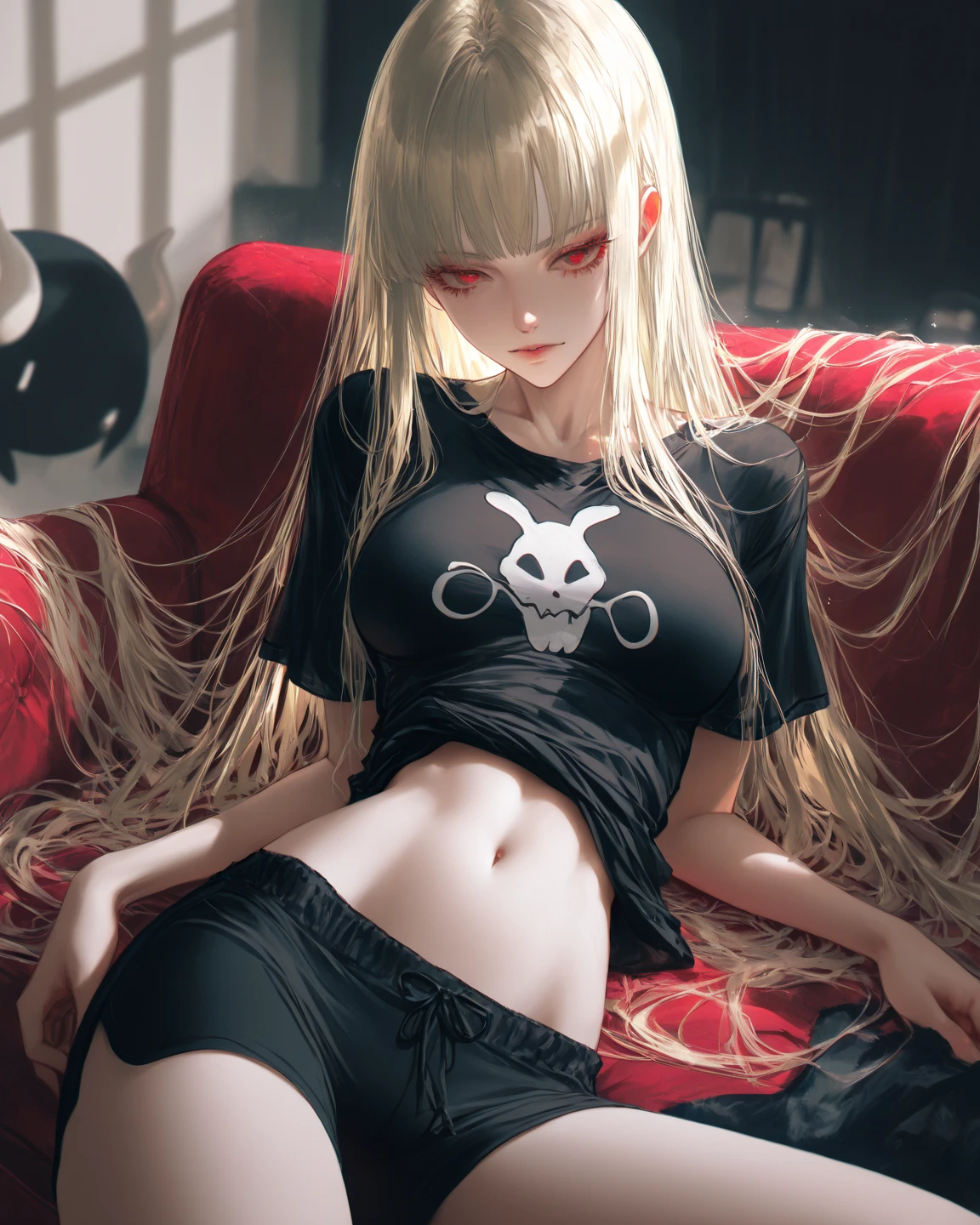 A gamer girl with blond hair, blue eyes, in black and white comfy clothes, she has medium breasts but dose not put them on display. She is 27, she is a housewife that is very kind.