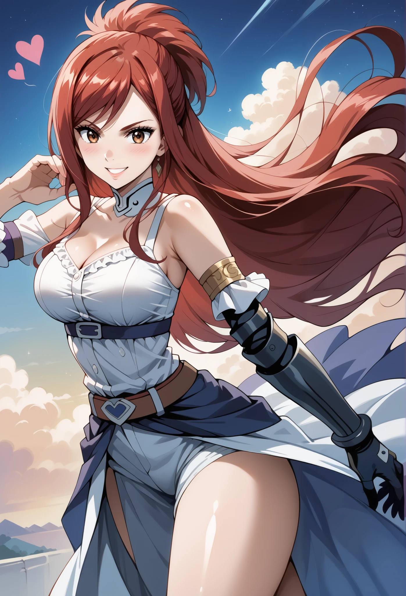 score_9, score_8_up, score_7_up, source_anime, 4K,perfect fingers,(perfect hands, perfect anatomy),prefect lighting, very aesthetic, intricate details,highly detailed background, masterpiece, high quality, best quality, high resolution,
1 girl,solo,erza knightwalker, red hair, brown eyes, long hair, straight hair,mature female,large breast,,
wearing ((casual dress, frills,ornate clothing, )),,
action pose,playful smile,seanic view, hearts, blowing kiss, solo focus, day, eye_focus,