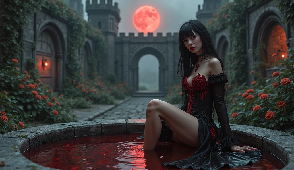 a picture of a female vampire in an infinity pool of blood watching the city at night, (Masterpiece, intense details: 1.5 ), exquisite, dreadful beautiful vampire, long black hair, intense green eyes, evil smile, fangs, busty sitting near a large infinity pool of dark ((red blood: 1.2)) there are  stone steps leading to the pool, lit by candles, elegant pool rim, (falls of blood fill the pool: 1.3), there is a crystal glass of wine near the vampire, she is wearing glamour black bathing suit, high detail, Conceptual art, Realism, cinematic lighting, moon light, reflection light, from side, panorama, ((anatomically correct:1.5))Ultra-Wide Angle, Wide-Angle, award winning, best quality, high quality, high details, highres, vibrant, Ultra-high resolution, High Contrast, (masterpiece:1.5), highest quality, Best aesthetics), best details, best quality, highres, ultra wide angle, 16k, [ultra detailed], masterpiece, best quality, (extremely detailed), Blood_Covered, vampire teeth, Dark Art Painting Style