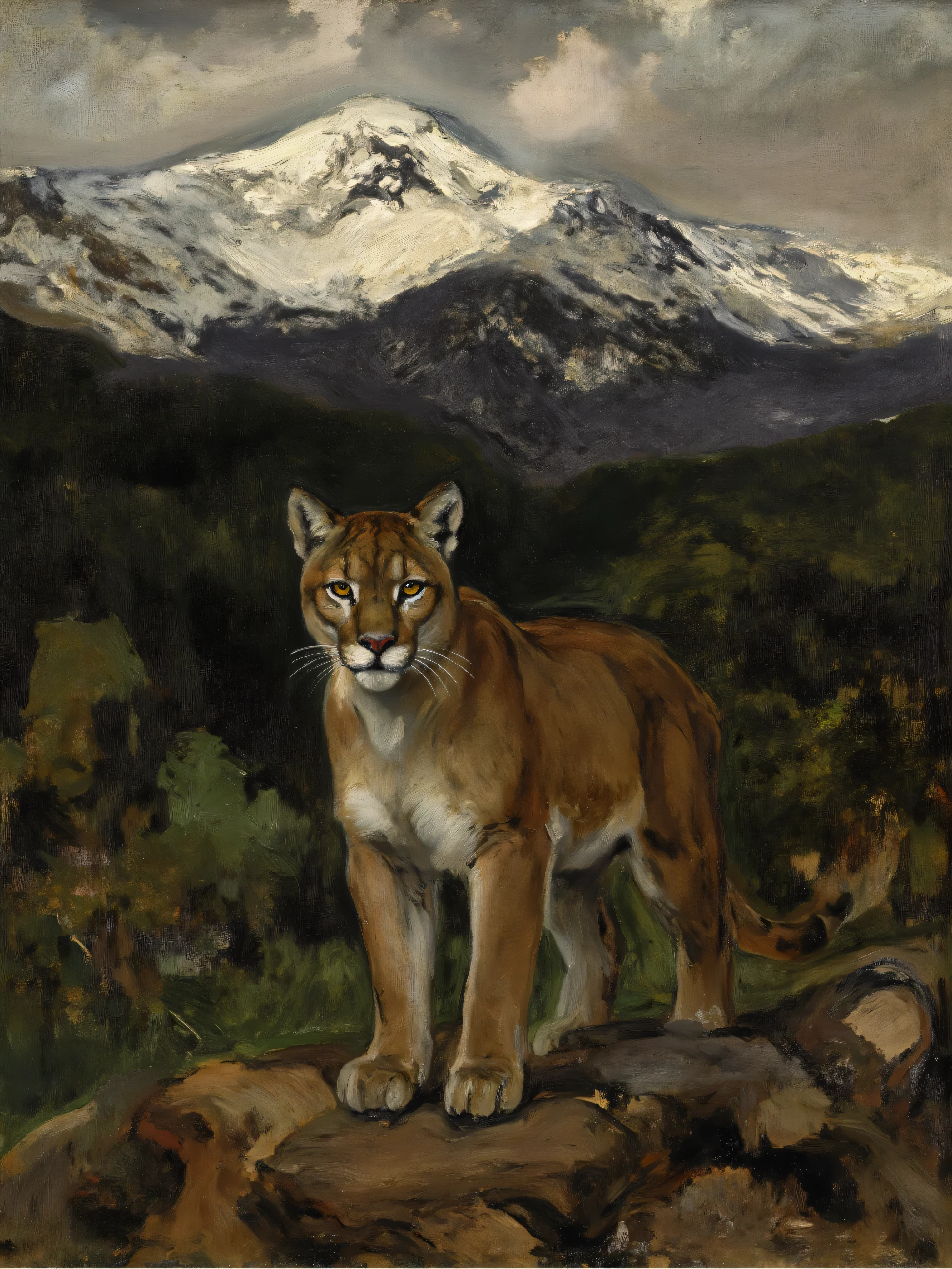16th century style oil painting, front light, classic animal painting, realistic, thick brush strokes, blacks, whites, greens, dramatic, a cougar, mountains, forest, focus on eyes, looking at viewer,