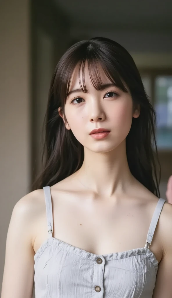 best quality, ultra high res, (photorealistic:1.4), 8k resolution, 1girl, 20 years old, (medium hair:1.3), (realistic hair:1.2), (Korean girl:1.2), (realistic eyes:1.2), beauty face, funny expression, skinny body, wear black t-shirt, white pale skin, huge breast, cleavage, (full body :1.3), at bedroom,