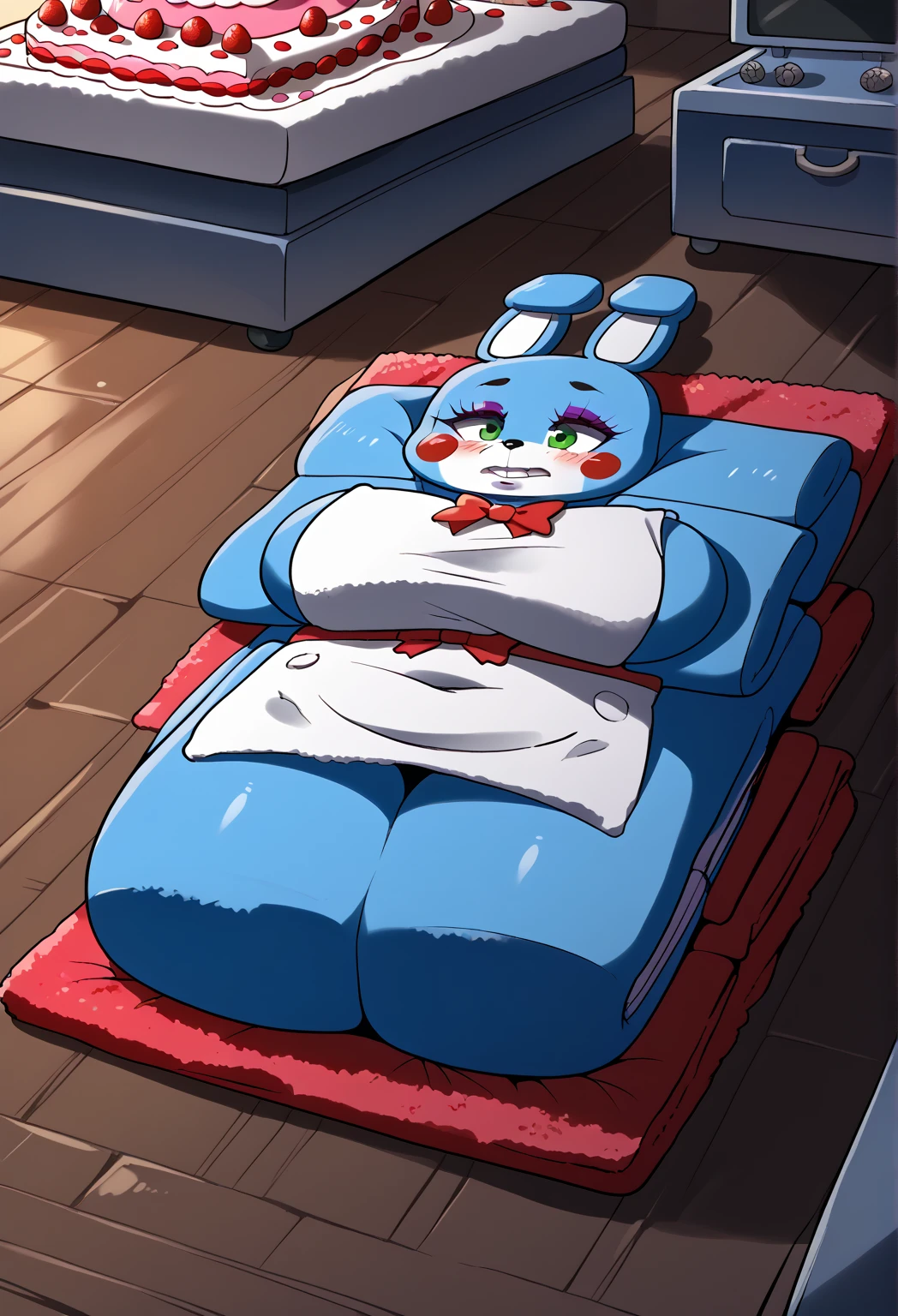 Masterpiece, highest Quality, Highest Resolution, perfect modern anime style, realistic lighting, 1girl, solo, breasts, short hair, breasts, bow, animal ears, green eyes, blue hair, bowtie, rabbit ears, colored skin, topless, furry, blue skin, furry female, laying in bed, sad expression, dark room, laying on back, indoors,