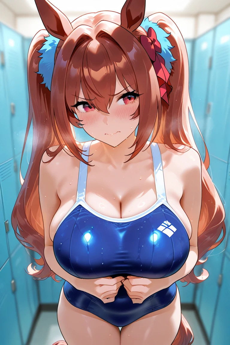 Masterpiece, best quality, beautiful girl, beautiful face, twin tails, training, muscle, abs, sweat, big breasts, cleavage, sexy,