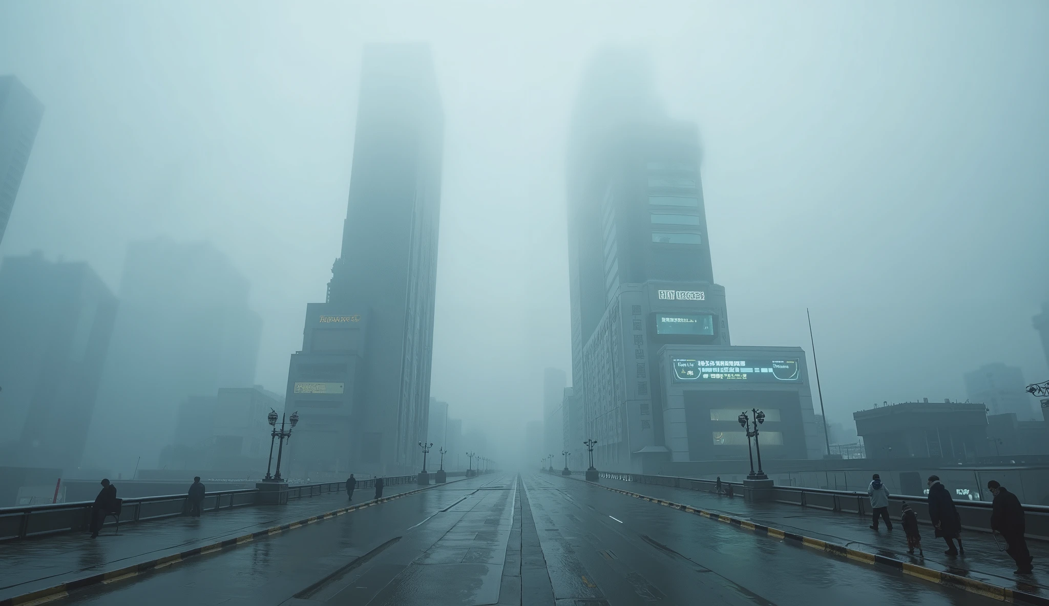 8,000 , masterpiece ,Highest Quality, Close shot,symmetry,Ground view, and no figures,On a foggy day, in the morning,Cyberpunk City,the building was shrouded in thick fog,