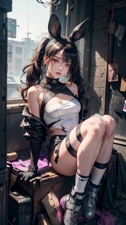 Masterpiece, Best quality, sky, Real, Mature female, alternate hair length, hime_cut, Light brown hair, feathers hair ornament, Embarrassed , Purple eyes, Sparkling eyes, Pink eyeshadow, Hanging breasts, office work_suit, frilled legwear, fishnet thighhighs, fishnet stockings, Pantyhose under a swimsuit, see-through legwear, Boots, headphones around their necks, bathing, Adjust hair,rejoice ,