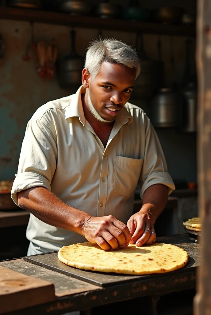 A indian middle aged farmer cooking rice