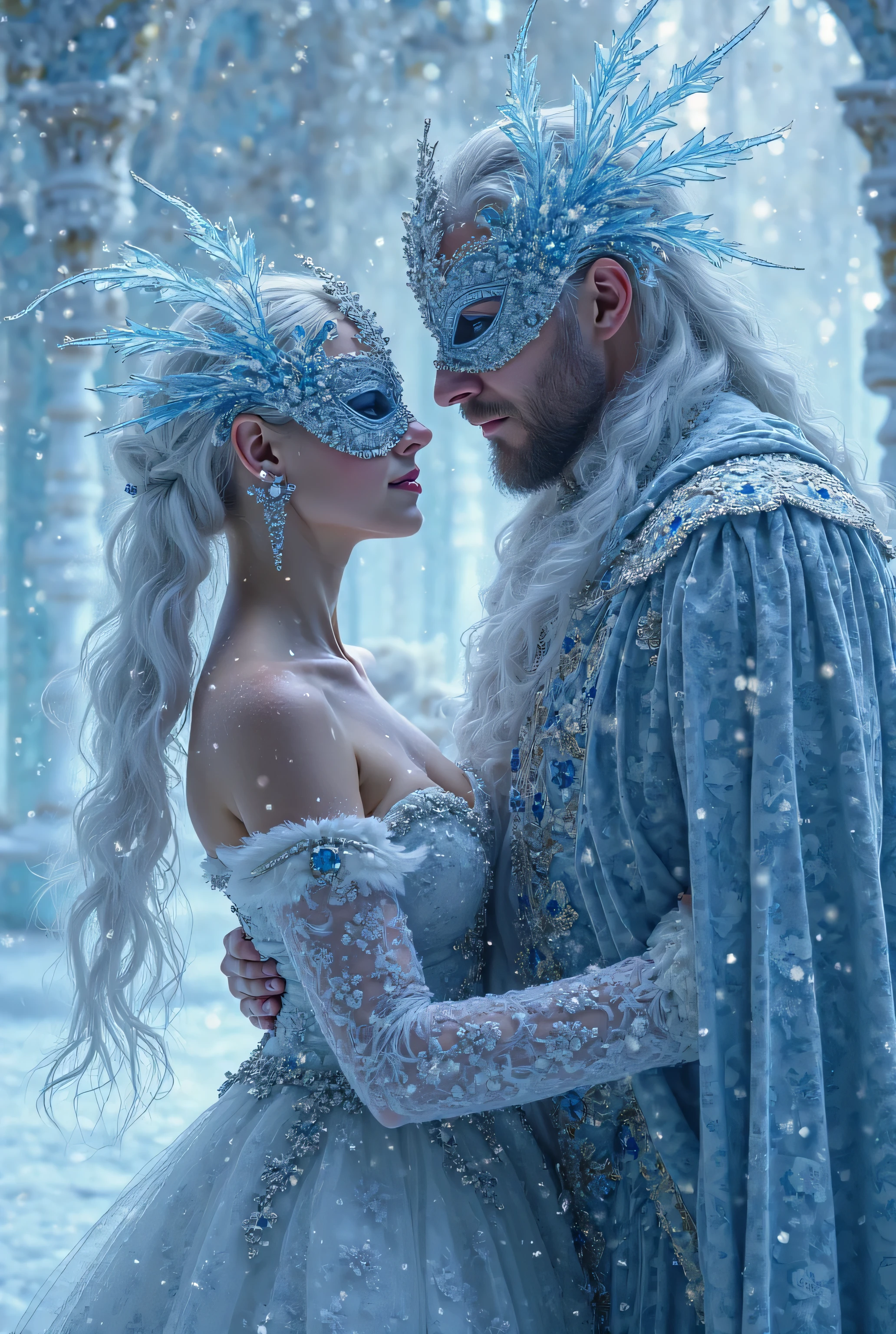 A man and woman in costumes standing in a snowy forest - SeaArt AI