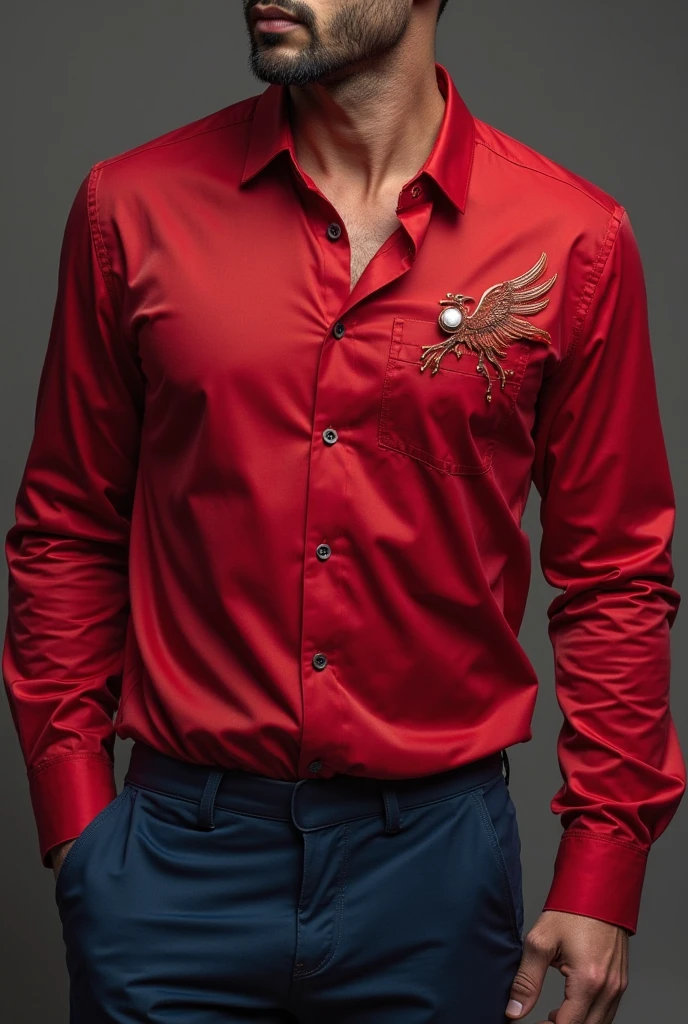 A red and gold interclass shirt with a small wolf logo