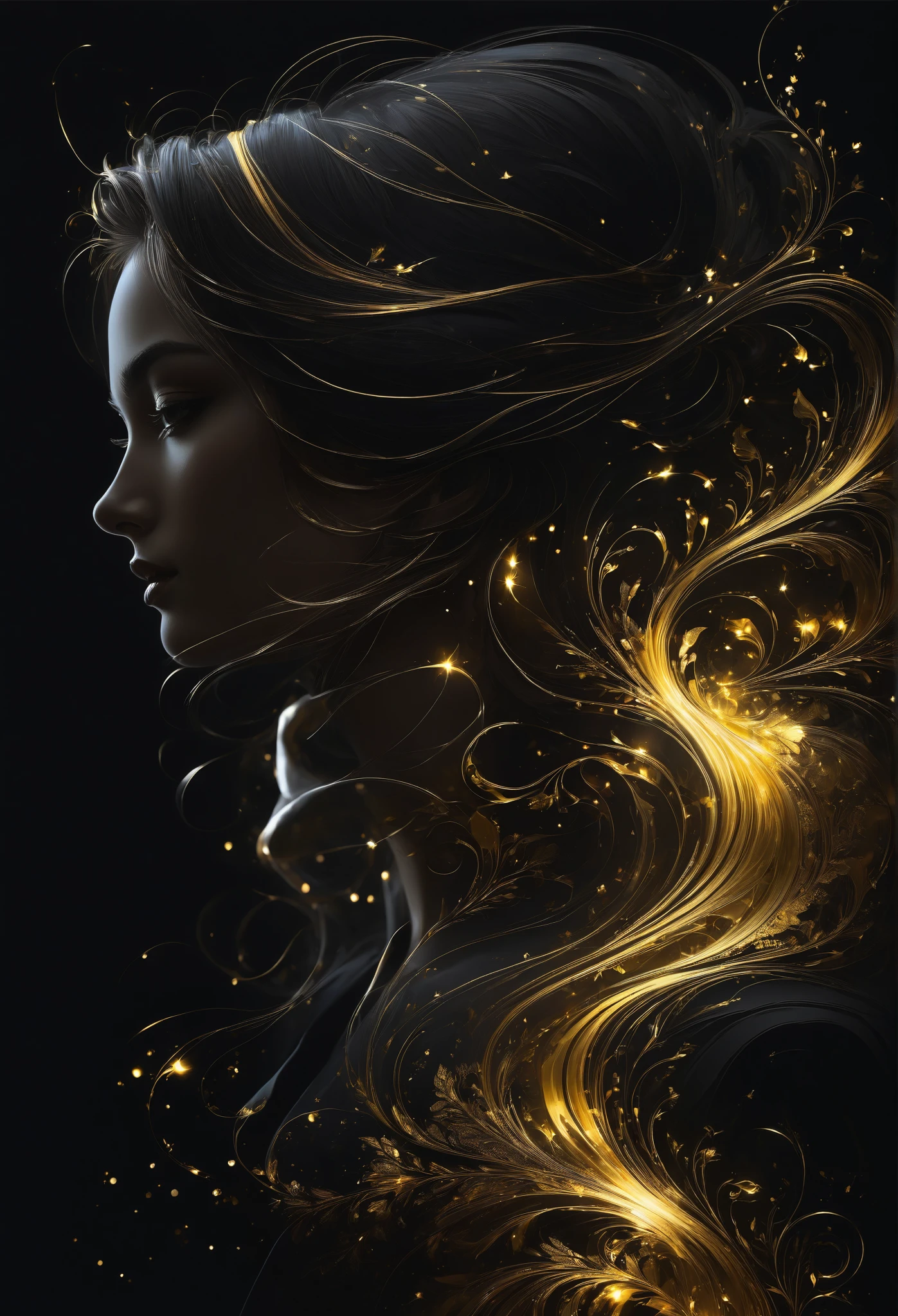 Close up, Shadow art , Beautiful silhouette, woman with lights, side view, White outline on a dark black background, shadows, mysterious , Nikas Safronov Style, Henry Asensio , Studio Ghibli Genshin Impact
золотые узоры, golden and black spirit, liquid gold explosion, golden smoke of magic , stardust , golden milky road , black background, magic fog, alcohol ink ,