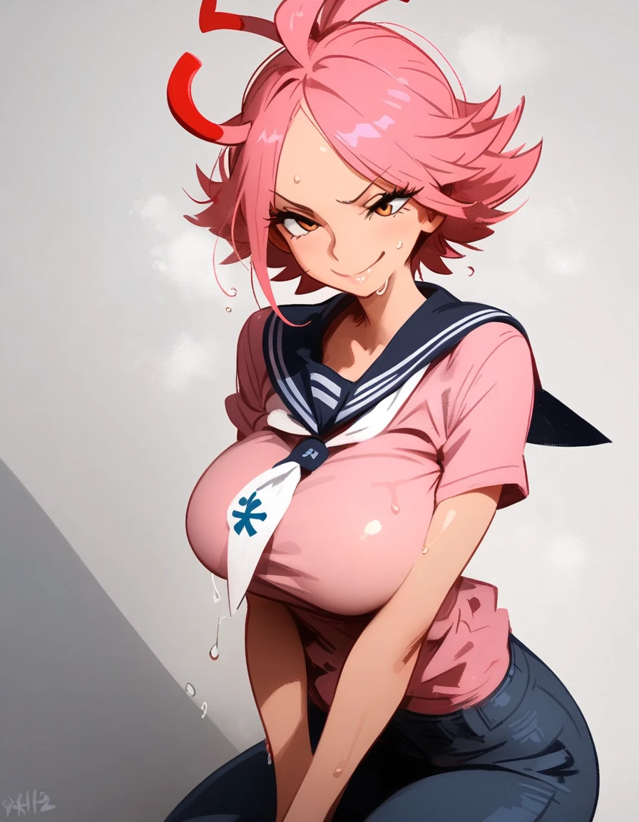 score_9, score_8_up, score_7_up, source_anime, simple dark background,
1girl, cute girl, japanese girl, (pink_hair:1.4), (pigtails hair with bangs), smile, brown eyes, cute eyes, eyelashes, looking away, (topless), school_uniform, (sailor_collar:1.5), (sleeveless), (microskirt:1.38), (miniskirt:1.38), underboob, sideboob, swooping breasts, huge breasts, sagging breasts, hard nipples, (erect nipples:1.4), (long nipples), navel, armpits, arms behind head, high socks, loafers, (standing:1.5), pussy, (hairy:1.2), (steaming:1.2), (oiled:1.2), from side, grabbing breasts