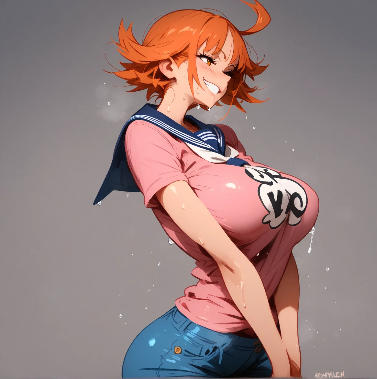 score_9, score_8_up, score_7_up, score_6_up, score_5_up, score_4_up, BREAK ,(Black Hair),(Orange inner color hair),short hair,((Street fashion)),,(Red eyes), ((Newsboy cap)),(((Hair on one eye))),very big breasts,Sweaty,Overflowing breasts,Erect nipples,