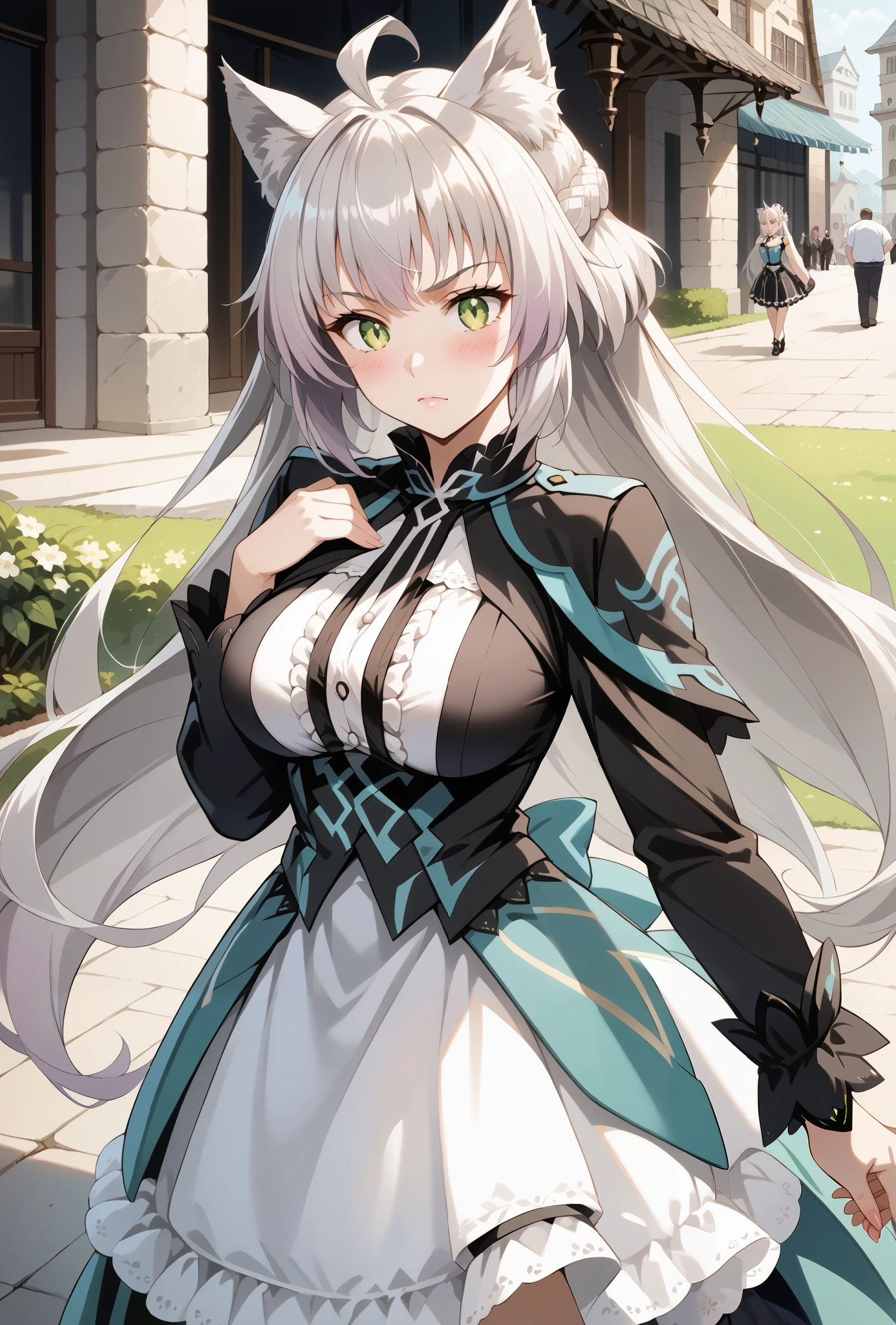score_9, score_8_up, score_7_up, source_anime, 4K,perfect fingers,(perfect hands, perfect anatomy),prefect lighting, very aesthetic, intricate details,highly detailed background, masterpiece, high quality, best quality,
1girl,((solo)) ,atalanta, green eyes, slit pupils, grey hair, long hair, ahoge, animal ears, cat ears, , Large breasts,,
wearing ((casual dress,frills,ornate clothing, )),,
detailed background, Outdoors, sunlight, 2 scenes, Comic Page, Public Exposure、Spectacle, Onlookers、bald middle-aged fat man, forced exposure, Man pulls up his bra(1.4)、 disgusting face, blush,