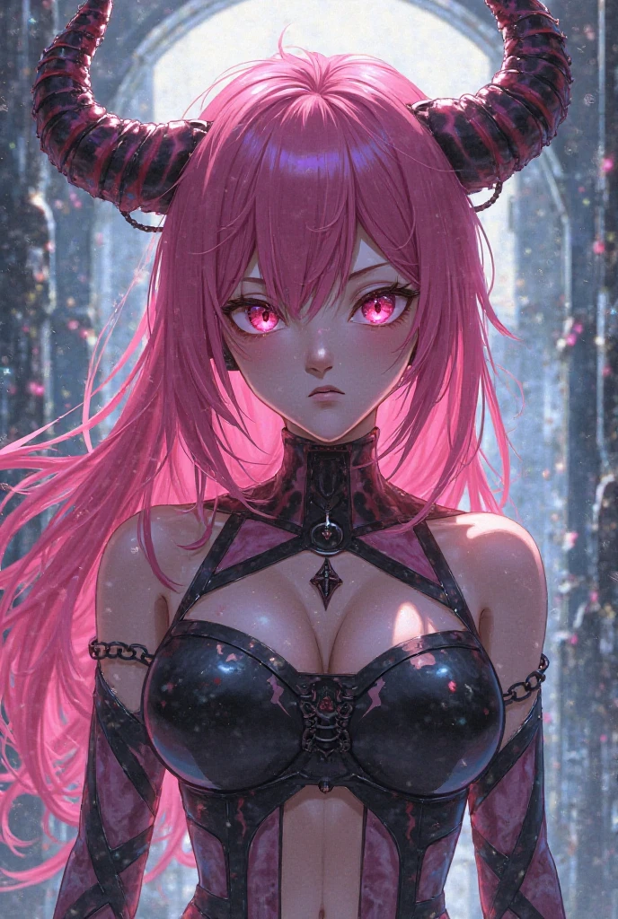 Star shaped pupils, 4k, Iridescent hair, twin tails ,Lens flare, pink hair highlights,mascara, eyeliner, god rays, 4k, 8k, best quality, masterpiece, hyper detailed, intricate detail, 1girl, solo, detailed, Detailed fuschia hair ++, detailed pink eyes ++, large breasts, raytracing, perfect shadow, highres, enhanced eyes, demon, succubus, thick, closeup, close up, evil, huge breasts, naked,,