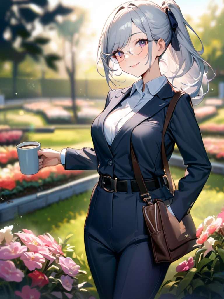 masterpiece, best quality, kirigiridr3, ponytail, hair ribbon, jacket, open jacket, long sleeves, white shirt, skirt, black gloves, huge breasts, sitting, table, tea party, tea, cake, smile, looking at viewer <lora:danganronpathh_kirigiri-12:0.9>