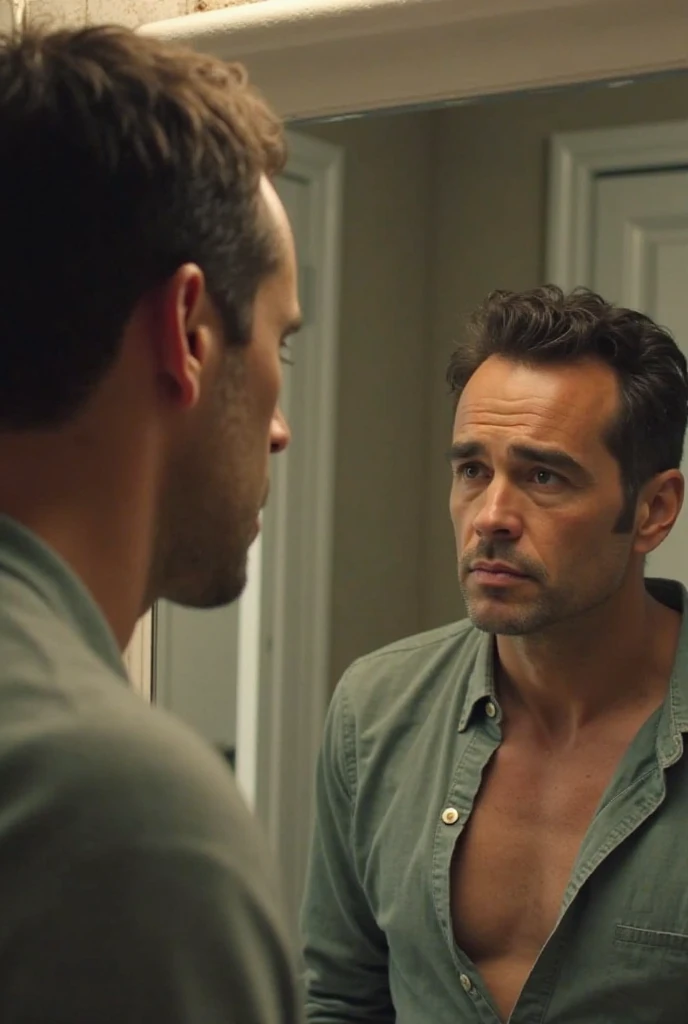 Eion Bailey debout dans une porte de salle de bain avec un porte-serviettes, about to enter the door frame,