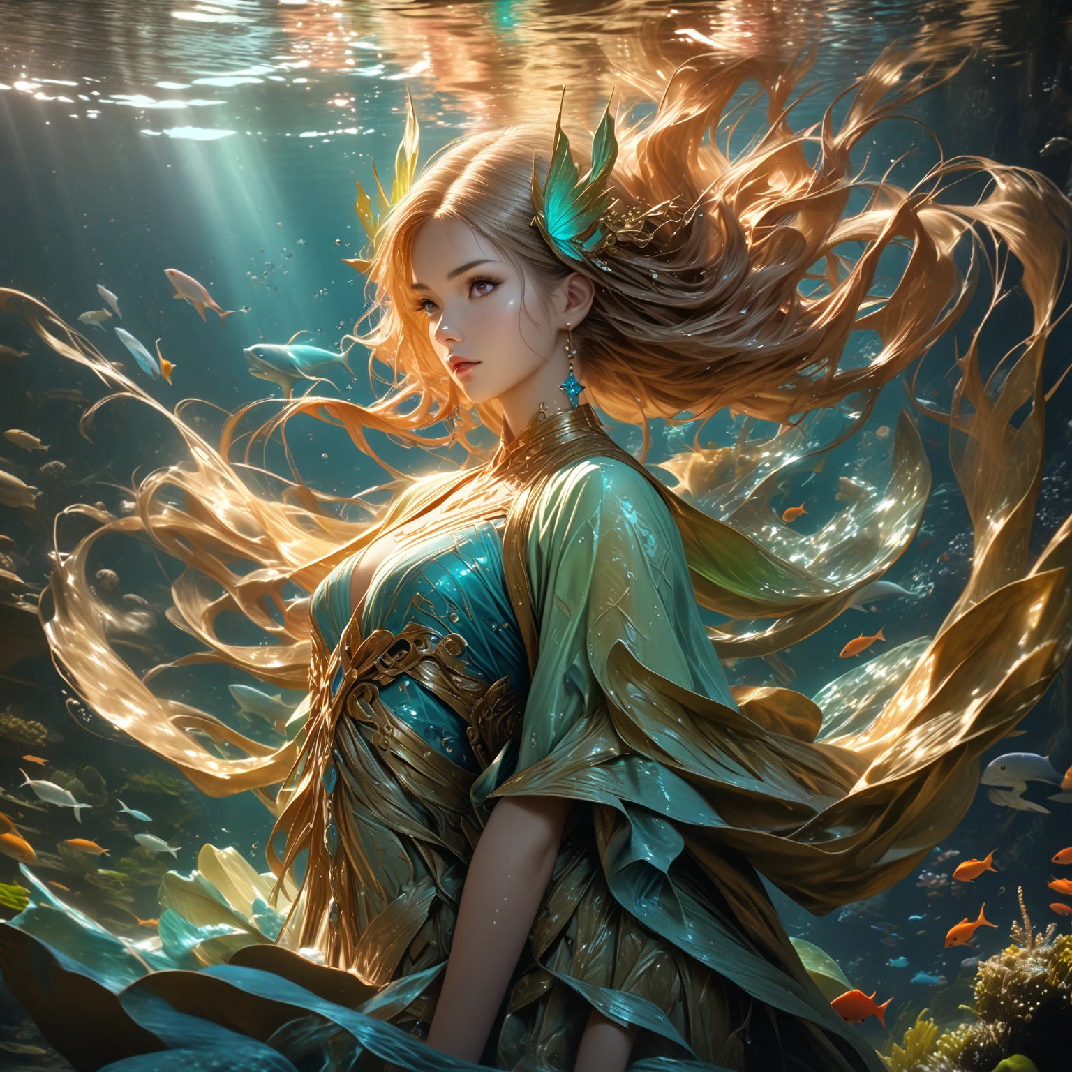 ((sword in hand:1.8)), (award-winning masterpiece, with incredible detail, textures and maximum detail), (full body view:1.6), (hyper realistic:1.4), (realistic:1.3), (upper body close-up:0.4), (many gold and silver treasures are sunken: 1.8), ( Top Quality Real Texture Skin), (((Underwater))), (Deep Sea: 1.5), (Dark Sea at Night: 1.6)), (Detailed True Circle Symmetrical Eye-Catching Exquisite Face, ((Medieval World)), (Full Length View: 1.6)), ((Mermaid)), ((Mermaid Prince Mermaid Noble)), (Eyes Burning Brightly Like Flames ), (she smiles mischievously), (sunken ship with treasures:1.4), (sunken temple on coral reef), (sunken temple, sunken cathedral, sunken temple ruins, sunken detached temple, sunken ruins of ancient castle, shining majestic water and light, coral reef, (eyes glowing golden in the dark:1.5), (eyes with a strong inner (strong golden light from within:1.5), (bioluminescence:1.5), (full body view:1.6), (swirling water currents and currents in background), (dramatic light), (magnificent scene), (her expression is gentle and beautiful), glass earrings in ears, (dramatic photo:1.4), (( dramatic pose))), (gorgeous photograph), (golden hair), (silver hair), (chestnut hair),  ((examining)), ((looking down)), (elaborately crafted necklace around her neck), (bioluminescent with brilliant sparkle:1.3), (flashy Hydromagic: 1.2), (beautiful fish in surrounding area), (luminous magic circle: 1.5), (full body view: 1.6), epic realistic, faded, art book, (Greg Rutkowski: 0.8), (teal and orange: 0.4), (art station: 1.5), cinematic ((neutral hues)), (ticker:1.5), (muted colors:1.2), hyperdetailed, dramatic light, (elaborate detail:1.1), complex background, (muted colors:1.2)