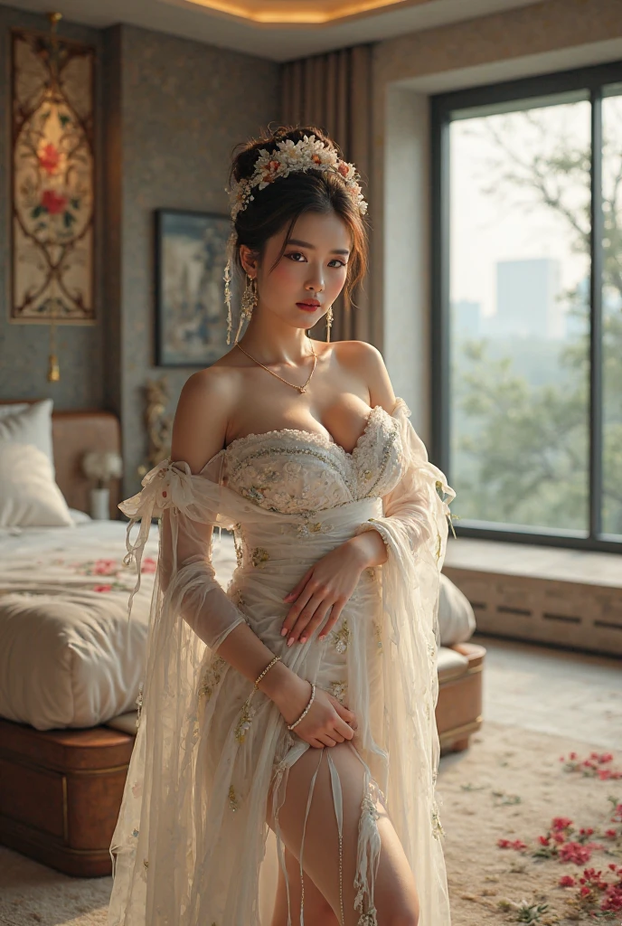 (best quality,realistic:1.37),ultra-detailed,professional,portrait,studio lighting,a woman in a long sheer skirt, detailed eyes, detailed lips, sensual posing, graceful, elegant, soft lighting, flowing fabric, ethereal, fine details, delicate features, feminine, enchanting, sophisticated colors, subtle contrasts, dreamlike atmosphere, romantic ambiance, high-res, vivid colors, beautiful composition