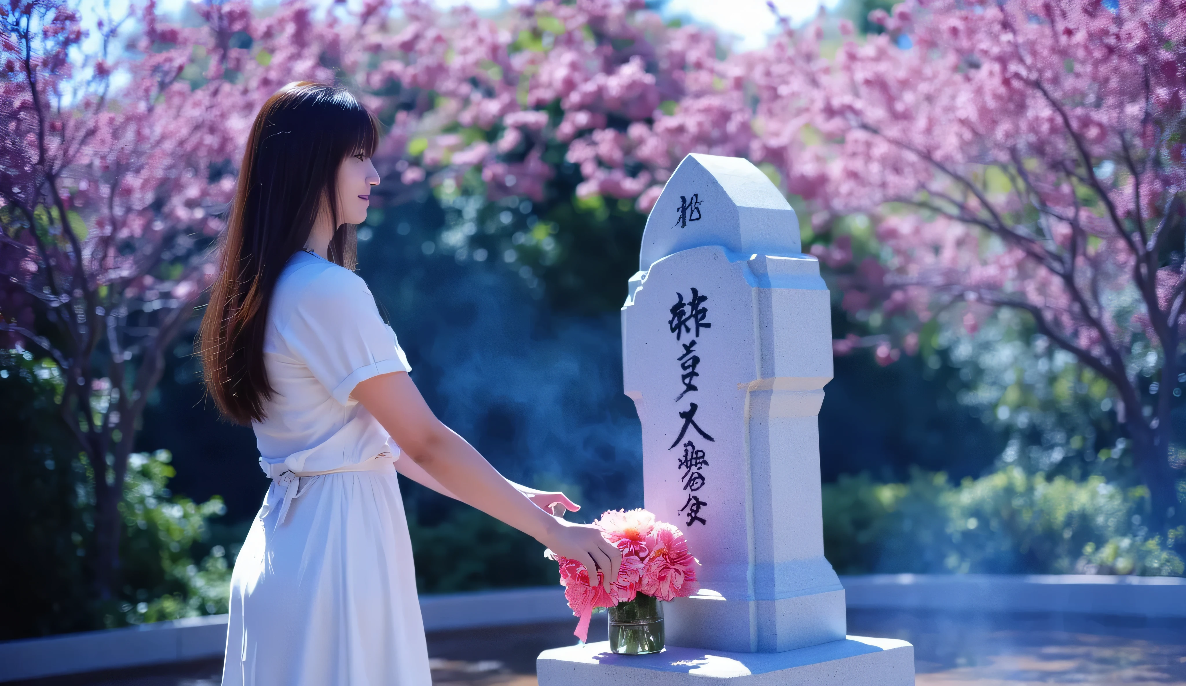 A woman standing in front of a beautifully designed traditional Japanese grave in a virtual garden. She is offering flowers and incense, surrounded by peaceful nature. The scene has a tranquil, emotional atmosphere, with blue and pink light accents reflecting off the gravestone and the surrounding cherry blossoms.