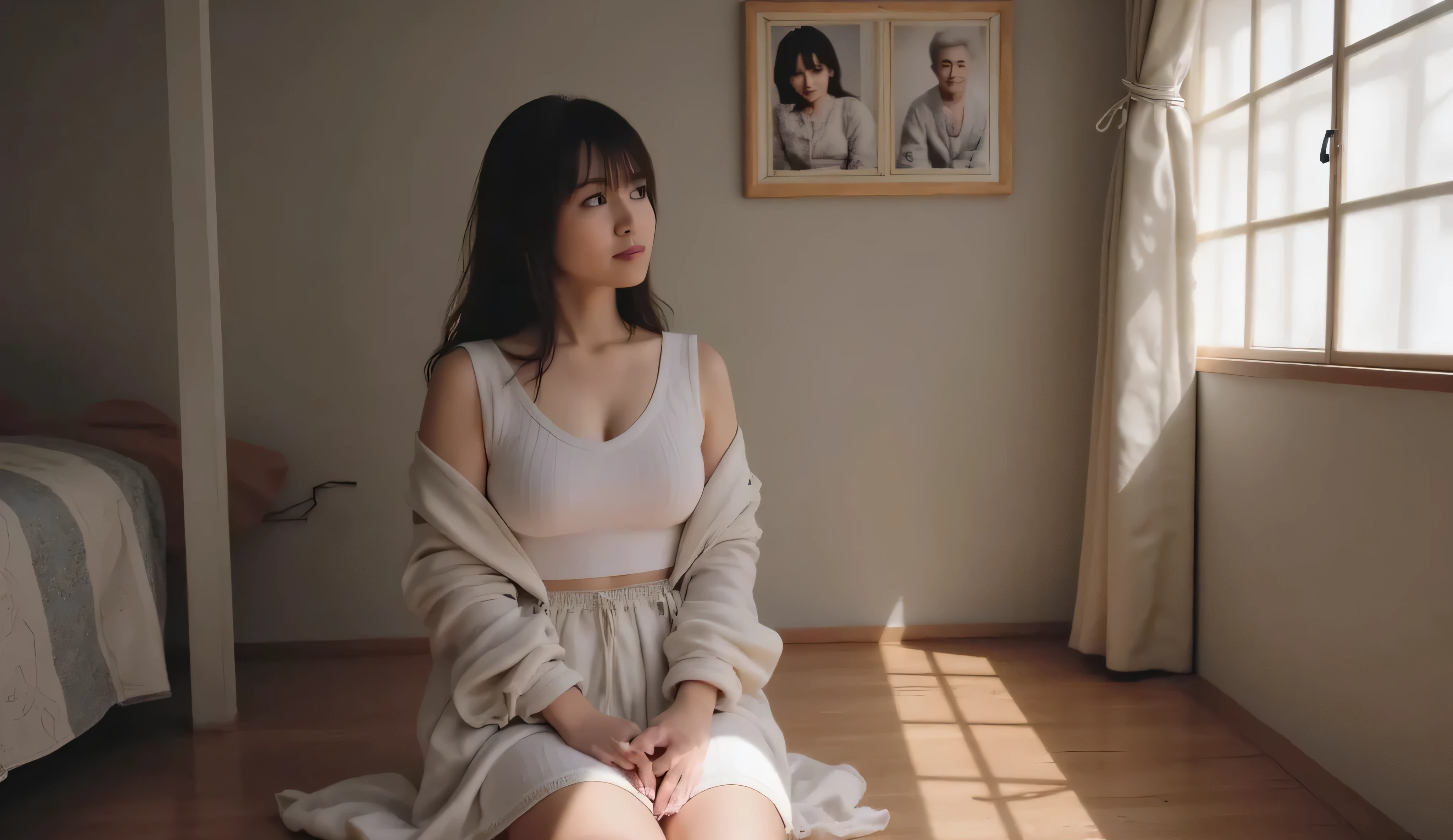 A sad girl in the room japnese style, sad face and expression. thinking something. looking on a wall hanging some images of her grand mom.