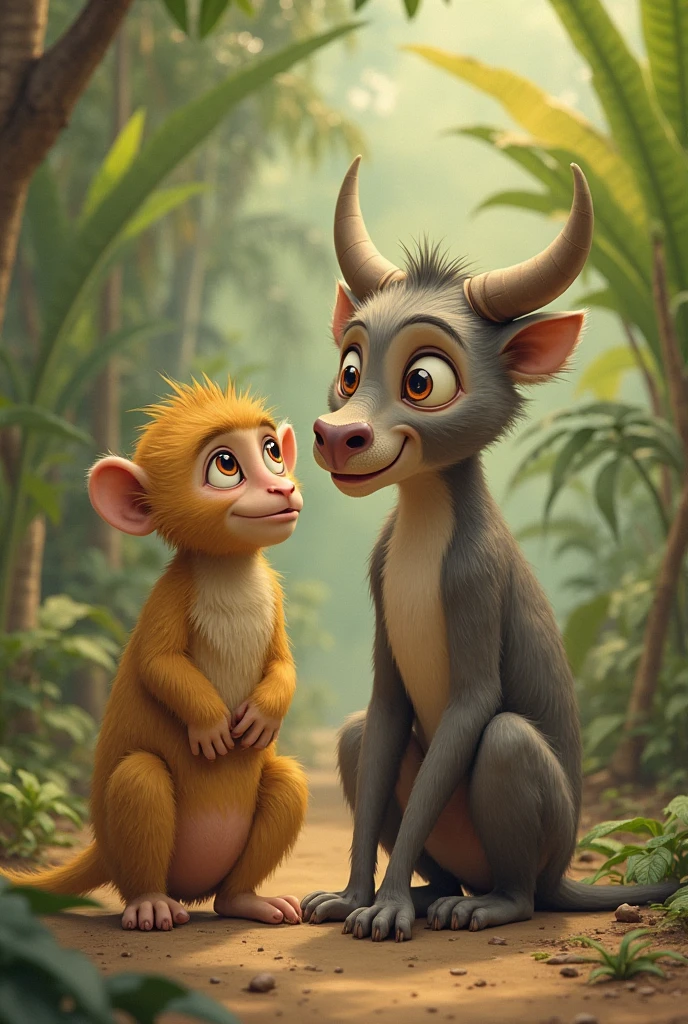 Show how the jungle with lush greenery turning into a dry and hot environment. Show the monkey and buffalo talking in the lake. Use speech bubbles or animated lips to show their conversation. Show other animals looking tired and thirsty.