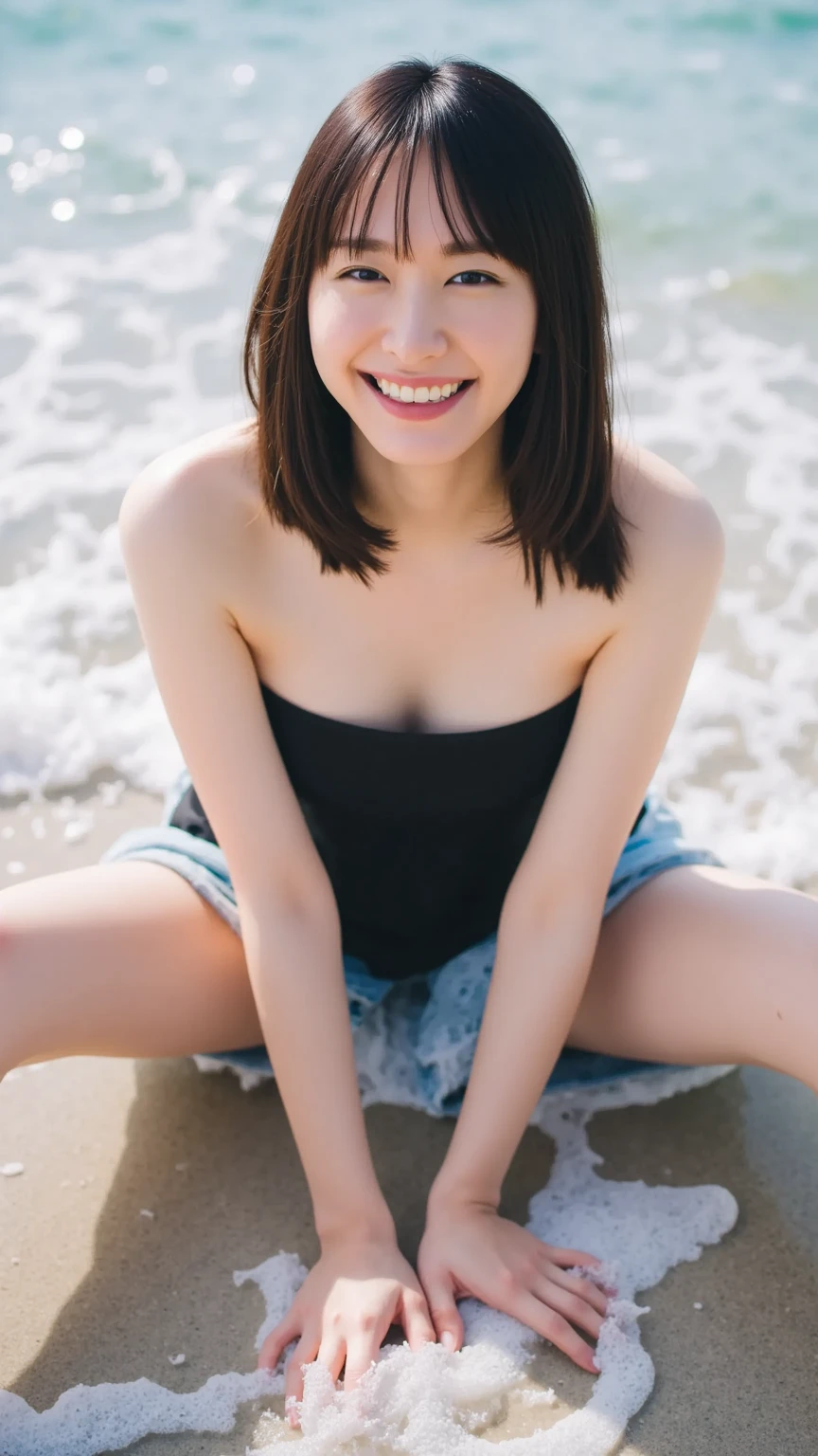 13 year old junior high school girl young、Refreshing black gal、Ocean、Beach、Shy laugh、As many legs as there are、As many arms as there are、refresh、Beach、Very short stature、Flat Chest、Thin limbs、Thin thighs、short hair、masterpiece、Highest quality、Detailed Photos、Lie down with your legs open、All Nude